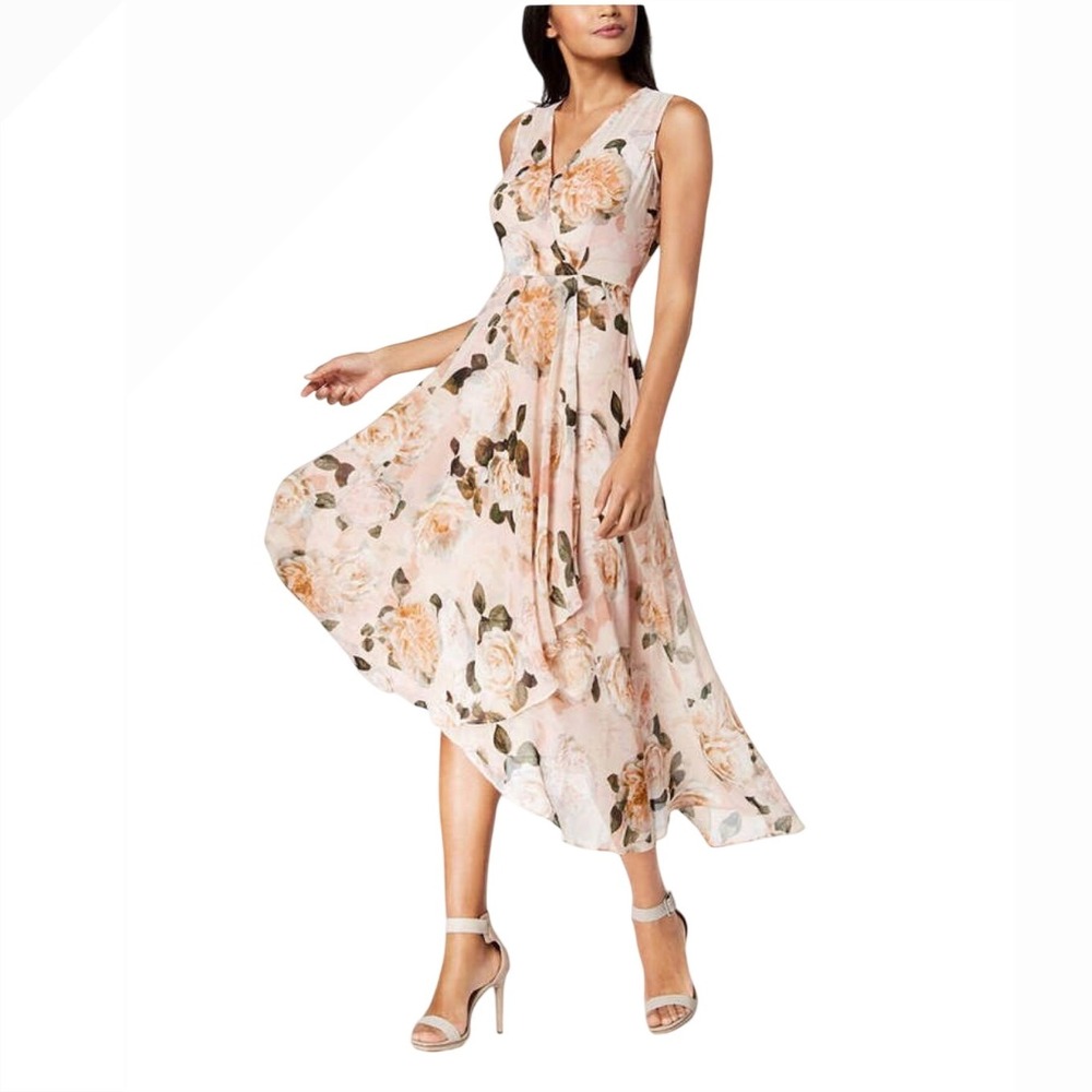 Calvin Klein Floral Dress Sleeveless V-Neck Midi Pink Rose Women's Size 2